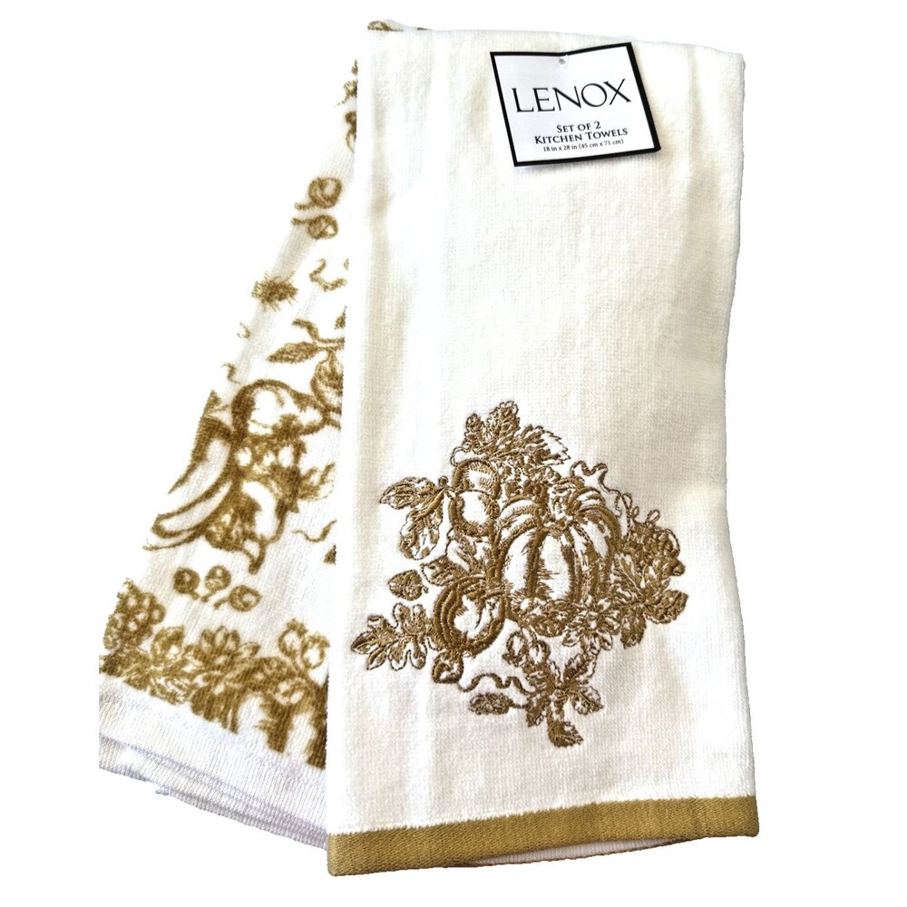 Lenox Ivory Gold Embroidered Pumpkin Toile Kitchen Towels 18x28 Thanksgiving